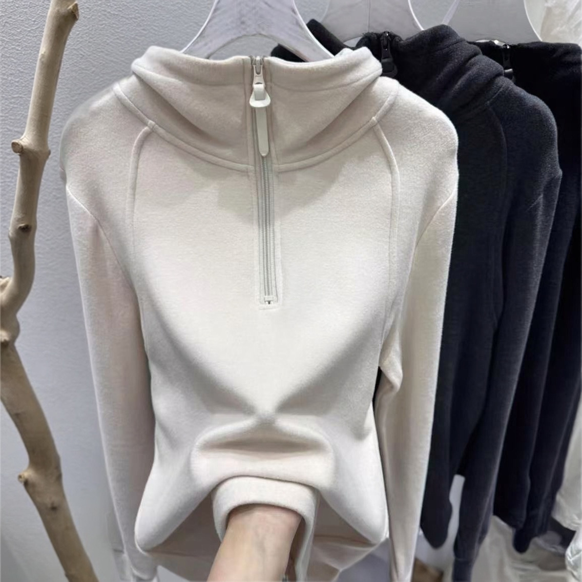 欧货半拉链双面德绒连帽卫衣