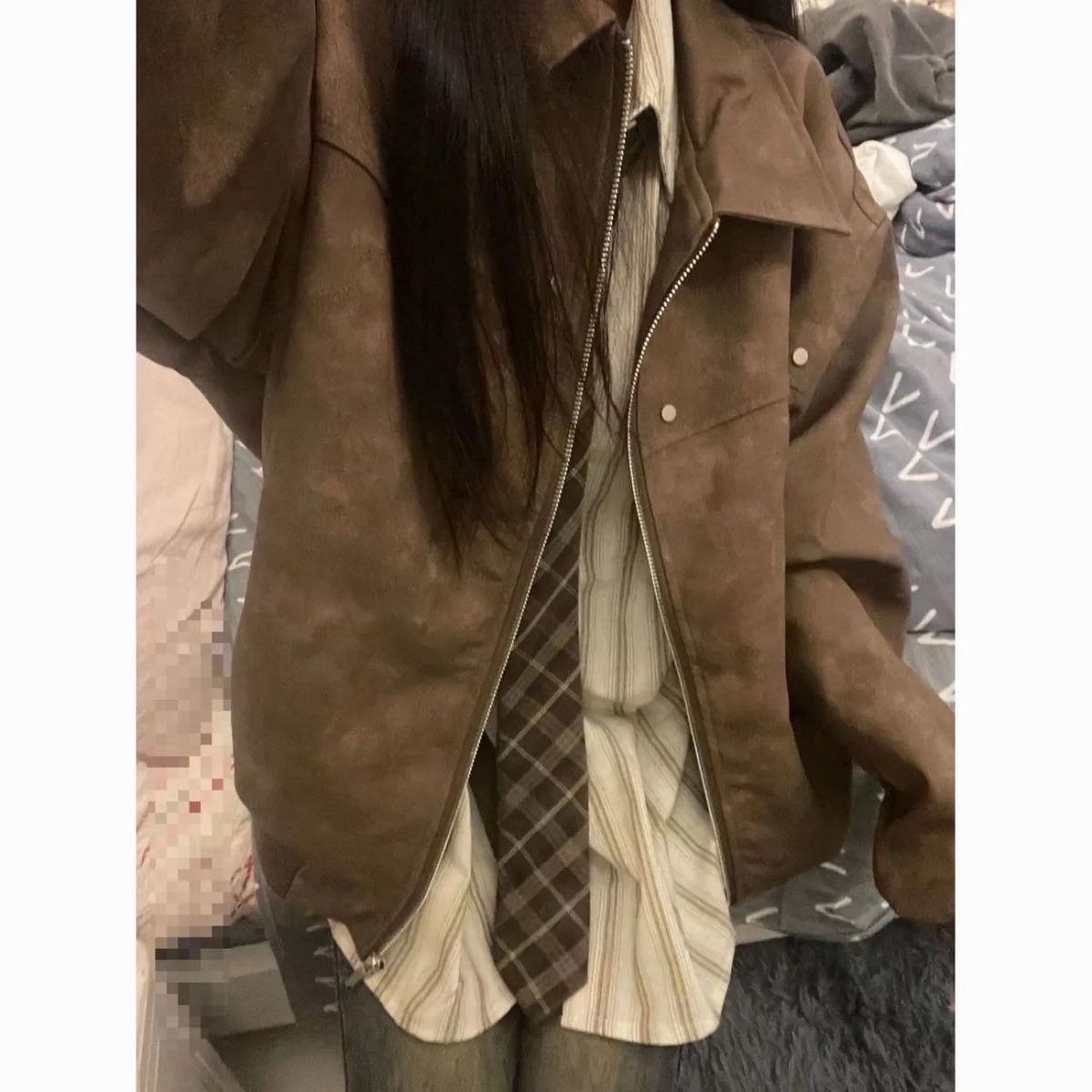 美式复古棕色翻领外套女