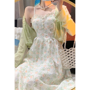 针织开衫 配裙子女秋2025新款 法式 初恋甜美碎花吊带连衣裙两件套装