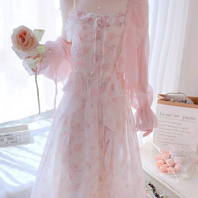 高级感甜美雪纺碎花长裙套装