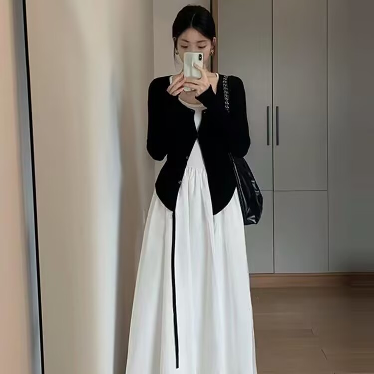 法式针织披肩吊带连衣裙