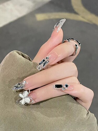 穿戴甲长款高级感爆闪钻手工成品美甲贴片网红玉石蝴蝶假指甲定制