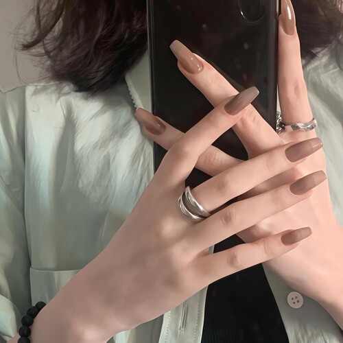 纯手工穿戴甲灰棕裸色纯色高级感显白美甲贴片成品假指甲新娘孕妇