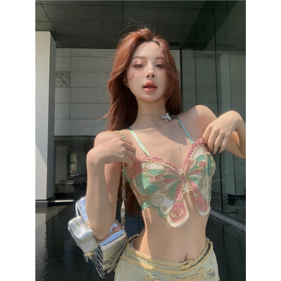 蝴蝶刺绣性感露背抹胸吊带背心女夏季修身设计感小众辣妹短款上衣