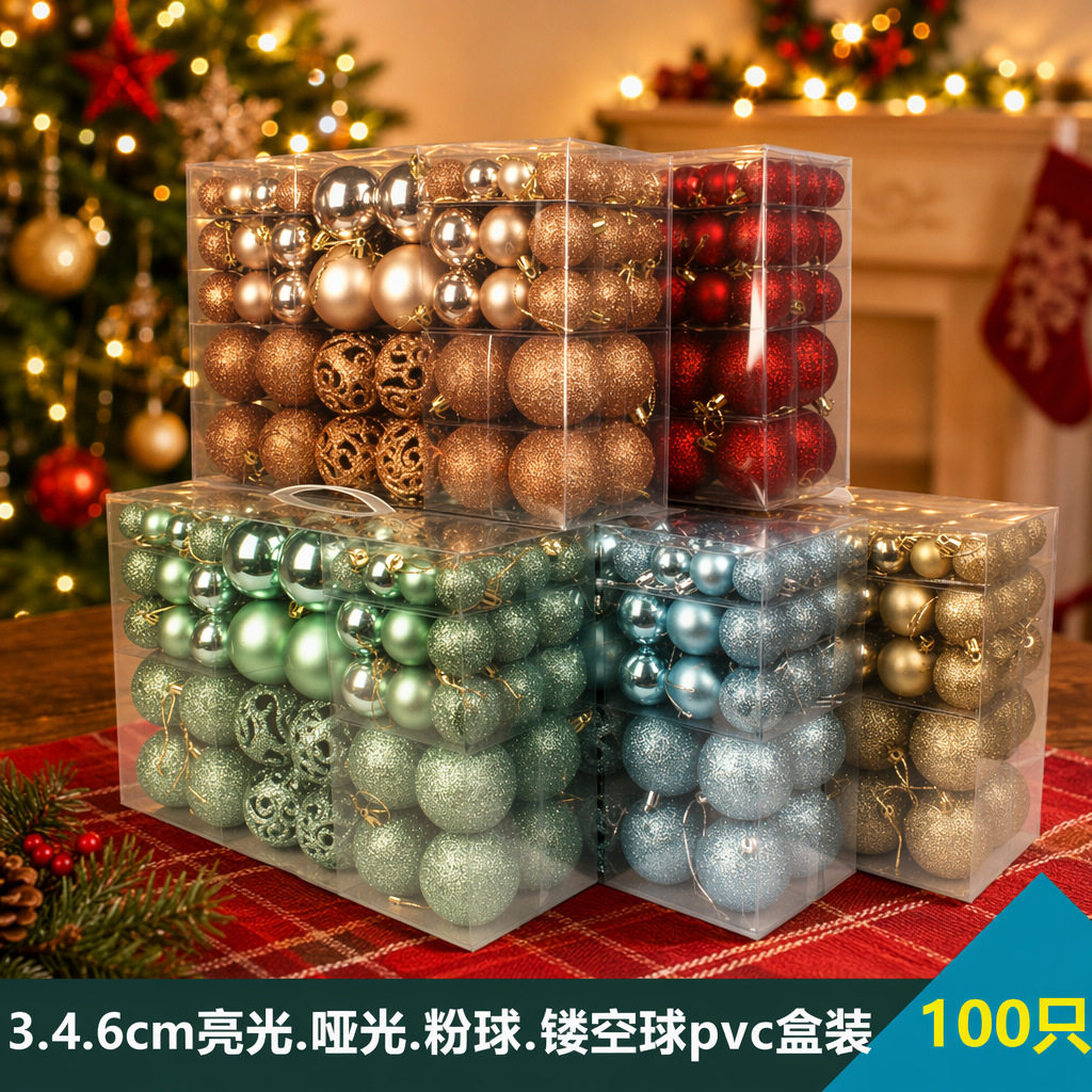 圣诞球3-6cm套100个pvc盒装亮光哑光粉球镂空圣诞树装饰品彩球