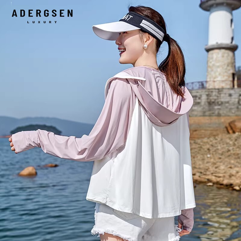 ADERGSEN轻薄拉链防晒衣女连帽拼色外套夏季透气凉感短款防晒服