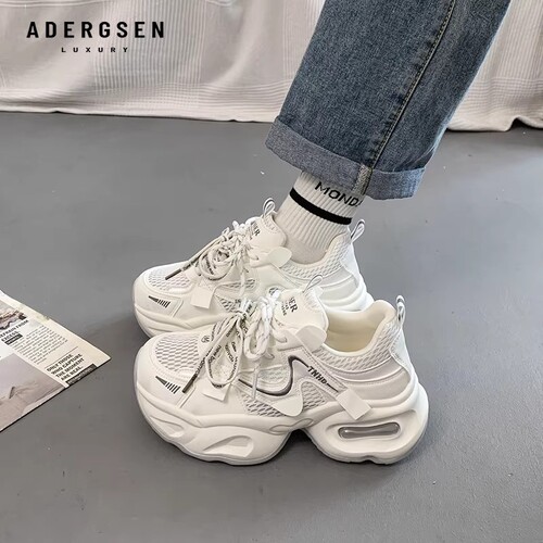 ADERGSEN增高5cm老爹鞋女厚底透气网面休闲运动鞋白色轻便小白鞋