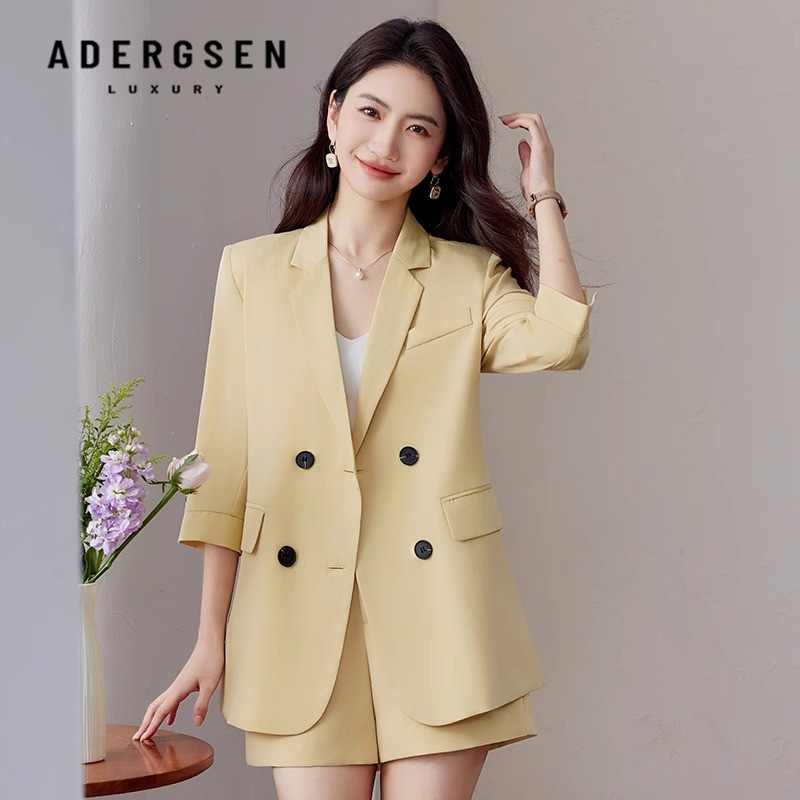 Adergsen黄色西装外套女七分袖短裤薄款高级感通勤气质西服套装春