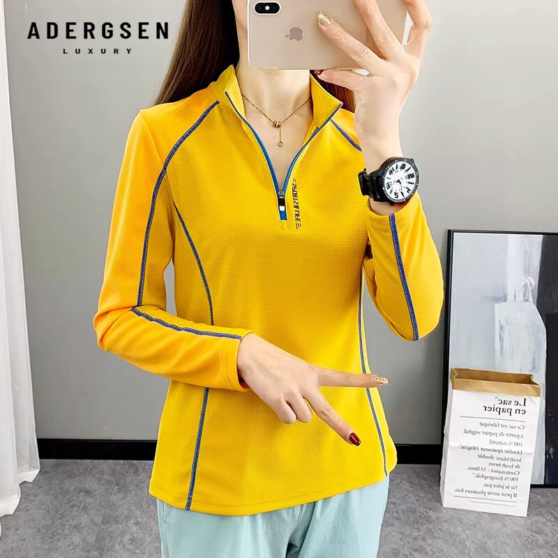 ADERGSEN户外运动风长袖T恤女春夏黄色立领修身显瘦拉链速干透气