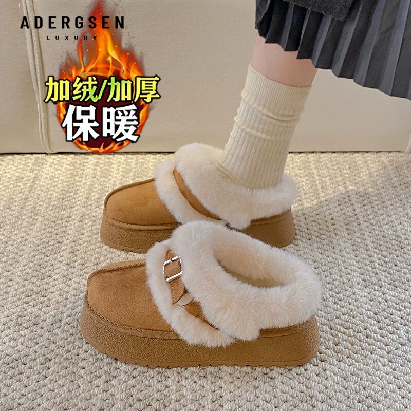 加绒毛毛勃肯鞋女韩版保暖包头半拖圆头一脚蹬复古轻便休闲棉鞋