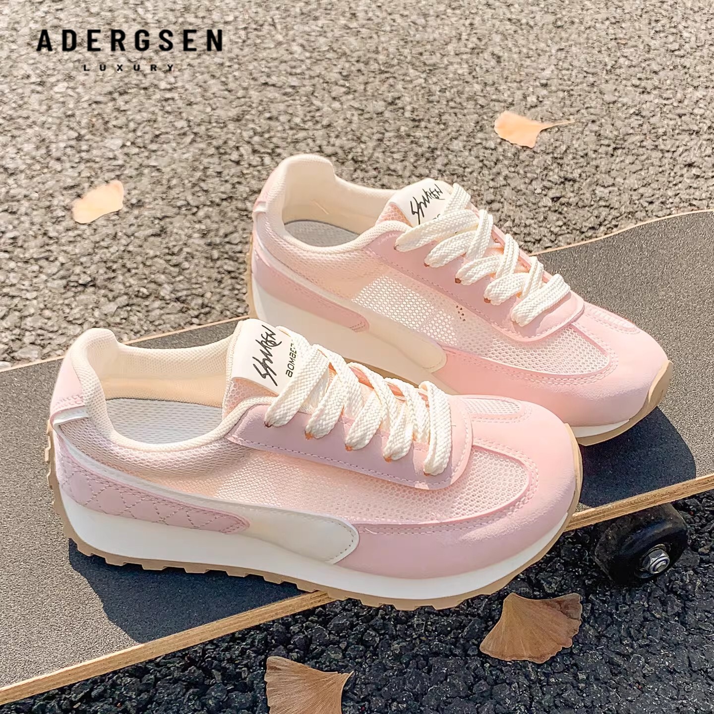 ADERGSEN粉色轻便休闲鞋女新款夏薄款透气舒适运动鞋厚底阿甘鞋