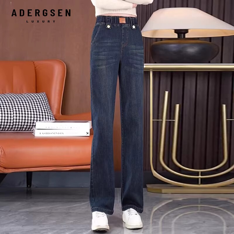 ADERGSEN松紧腰微弹阔腿牛仔裤女高腰显瘦复古直筒裤深蓝色长裤