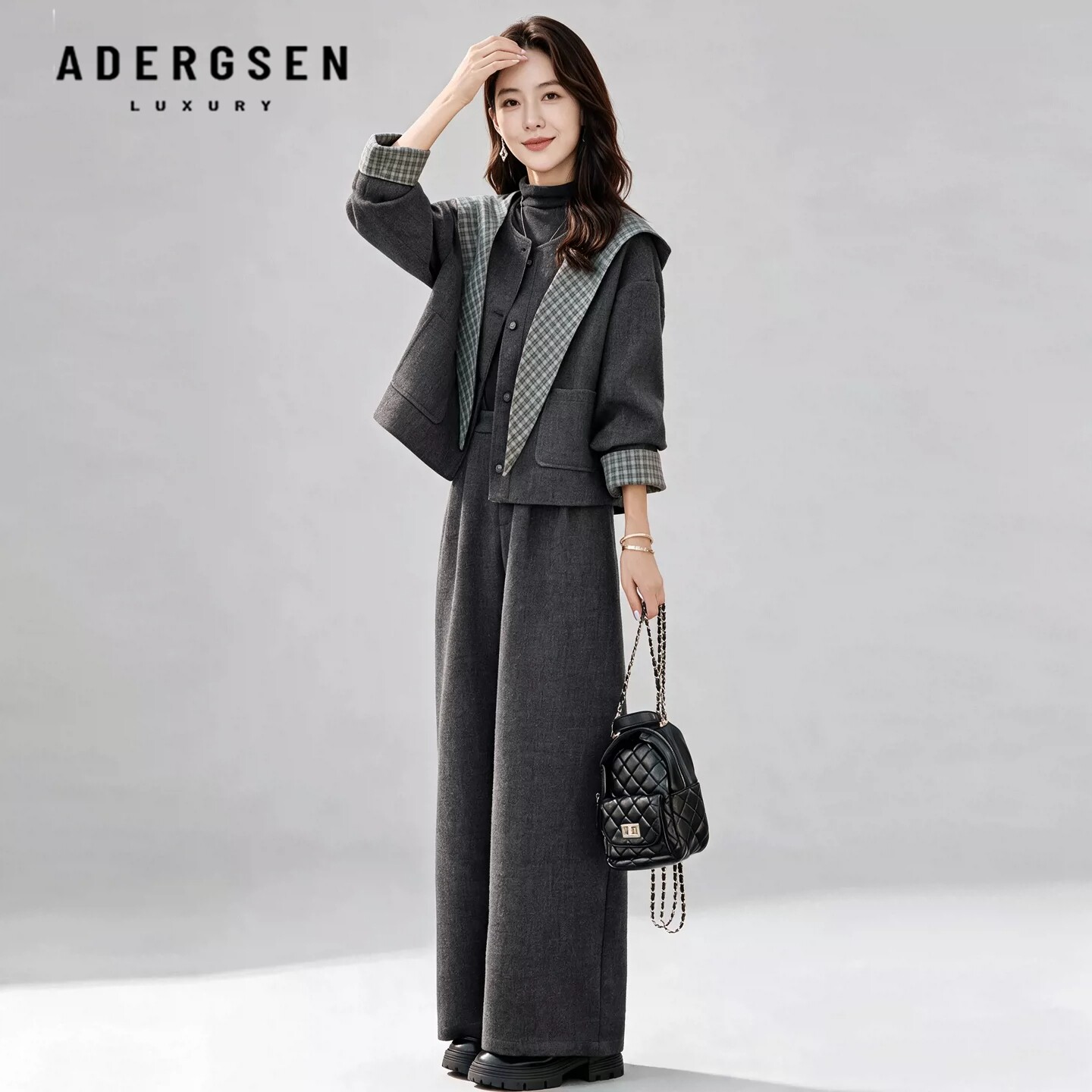 ADERGSEN格子拼接休闲套装女新款洋气修身两件套加绒加厚毛呢套装