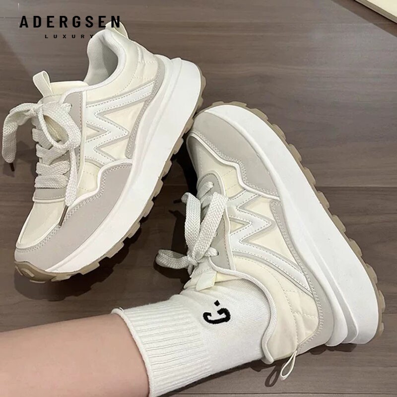 ADERGSEN厚底轻便休闲鞋女新款浅口米白色老爹鞋增高圆头百搭板鞋