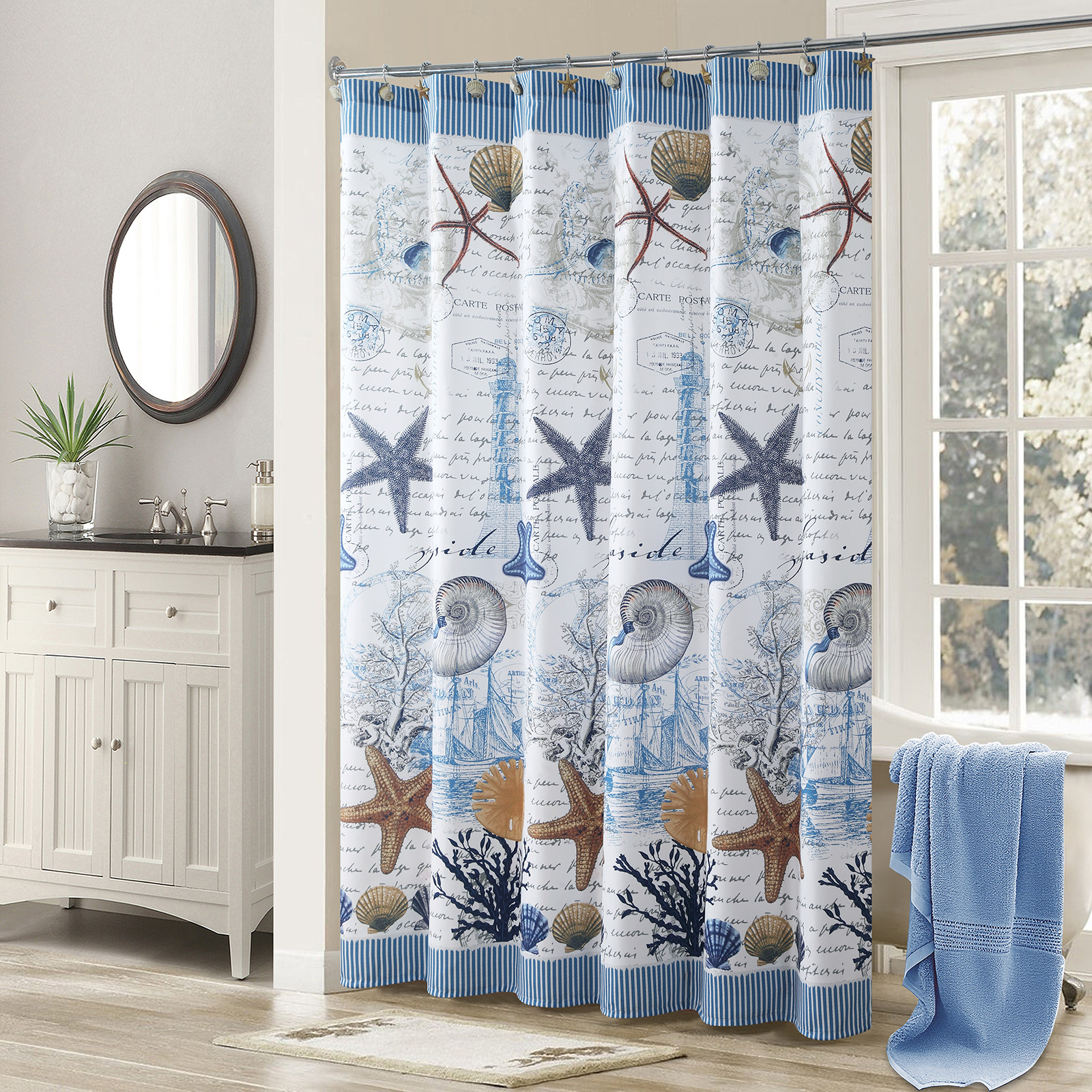 黛世海洋北欧涤纶布干湿分离欧式淋浴隔断防水帘浴室环保印花浴帘