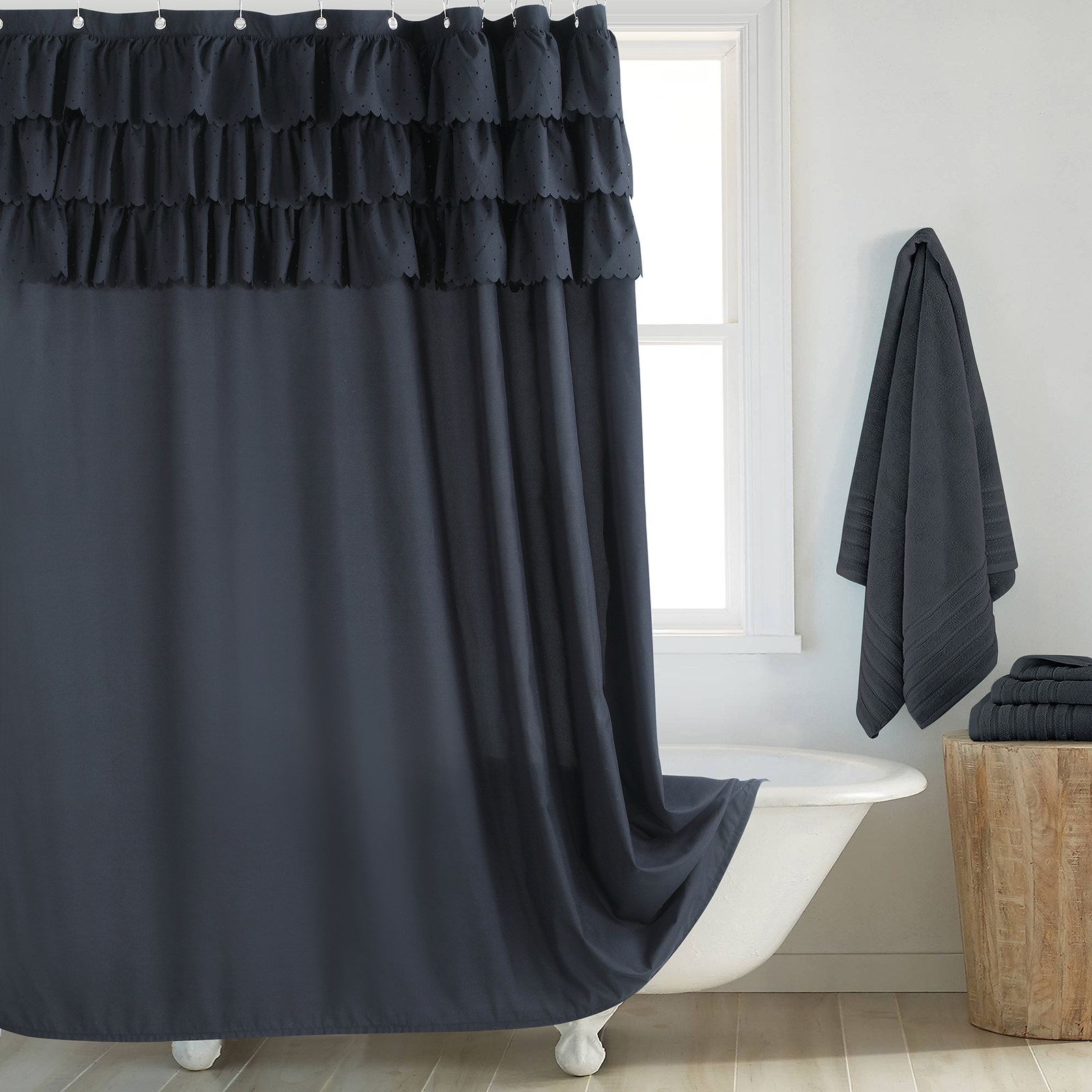 黛世欧式华贵时尚环保黑色柔软磨毛布加厚防水手工洞眼裙褶浴帘