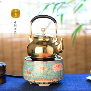 莲花纹蓝色电陶炉静音防干烧小型家用莺歌烧煮茶炉小铁壶 莺歌烧