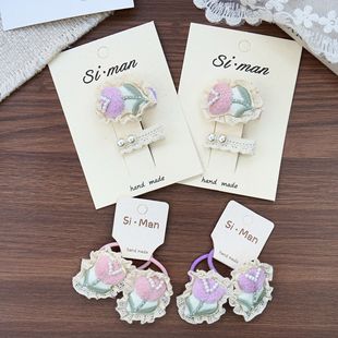 新款 儿童毛线郁金香蕾丝发夹刘海碎发压夹小女孩扎头发皮筋发绳