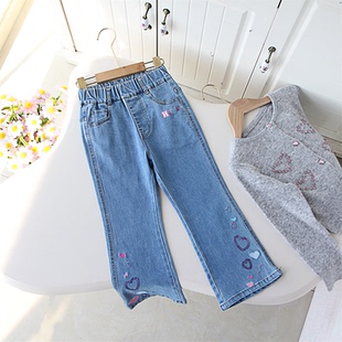 品牌童装女中大童牛仔喇叭裤亮片爱心裤脚女孩百搭弹力韩版微喇裤