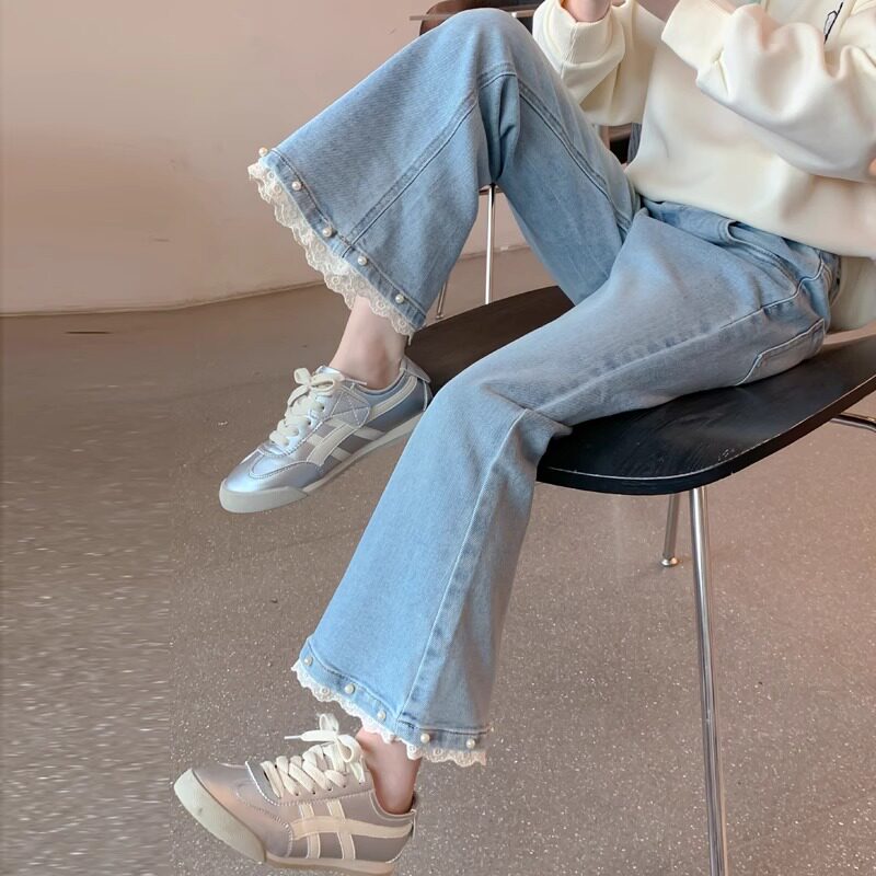 女童春秋牛仔裤2026新款儿童洋气女孩洋气裤子秋季珍珠蕾丝喇叭裤