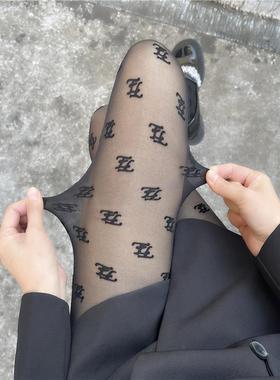 Lettered Flocking Printed Hosiery Feminine Black Hosiery Sli