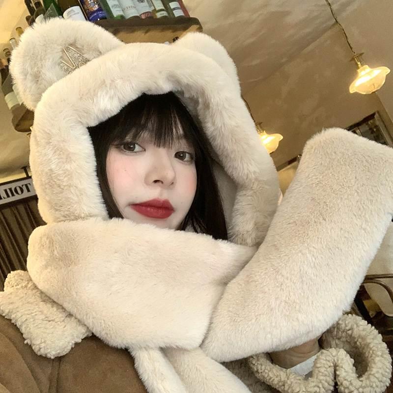 Little Bear Hat Scarf One piece Women