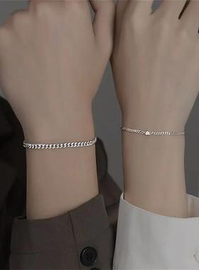 2Pcs 925 Chain Bracelet Set for Women Men Simple Crystal Hea