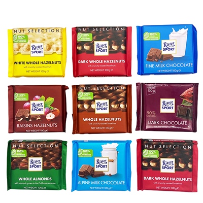 德国原装进口Ritter Sport瑞特滋波德榛子黑巧克力块100g休闲零食