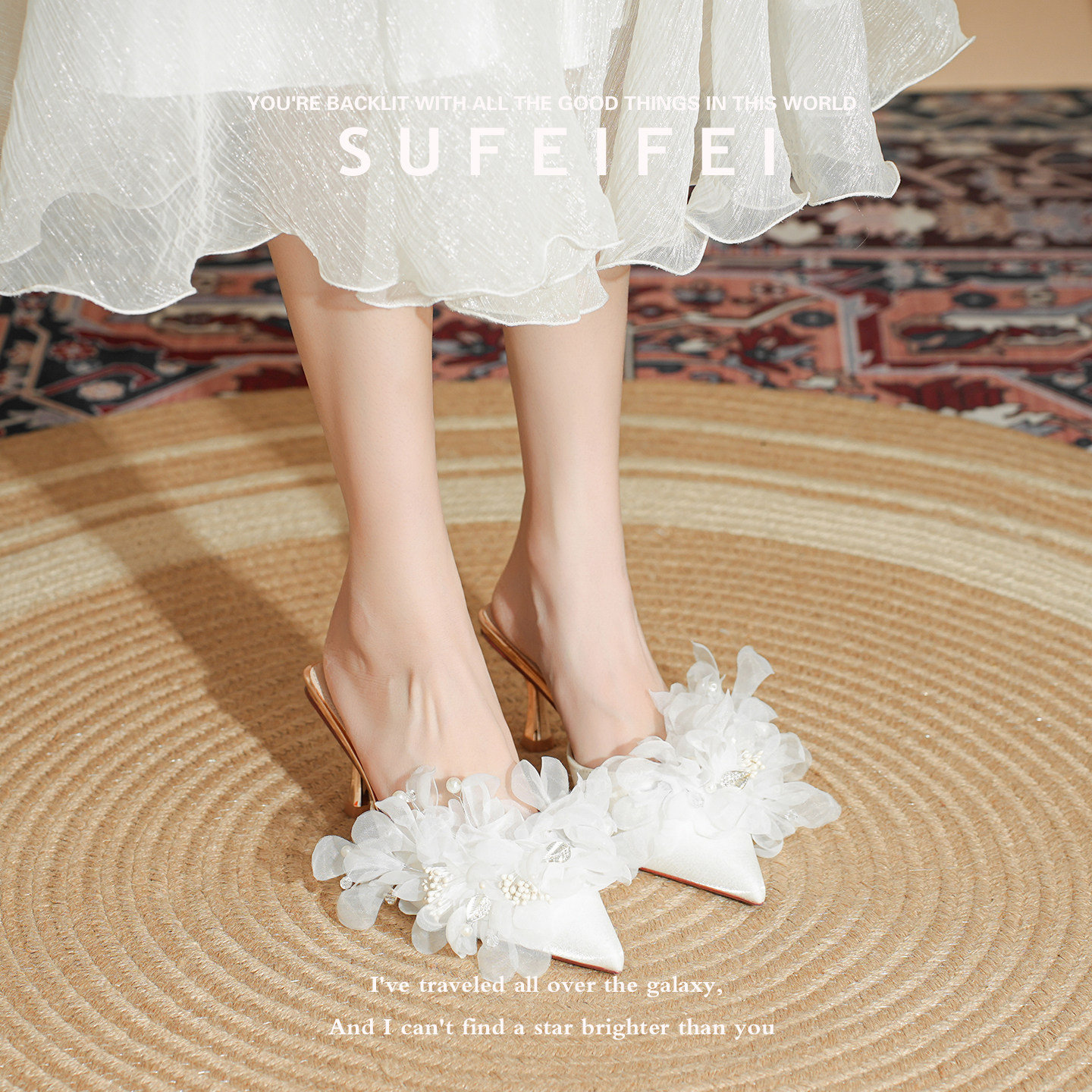 法式绝美包头拖外穿春季新款绸缎花朵白色水晶高跟鞋女细跟尖头