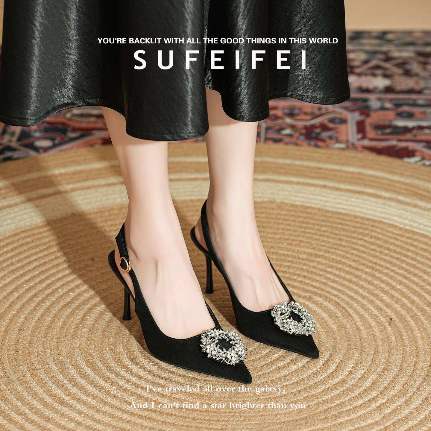苏妃妃绝美气质高跟单鞋水钻方扣黑色不累脚气质百搭后空凉鞋
