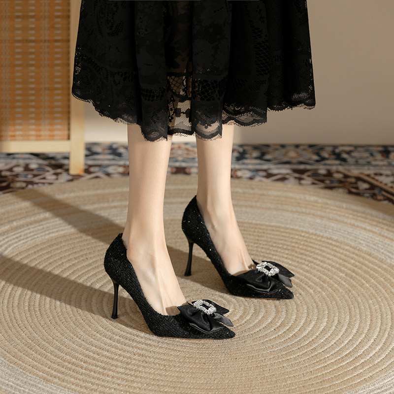 苏妃妃黑色优雅小个子配牛仔裤高跟鞋女细跟气质不累脚御姐风绝美