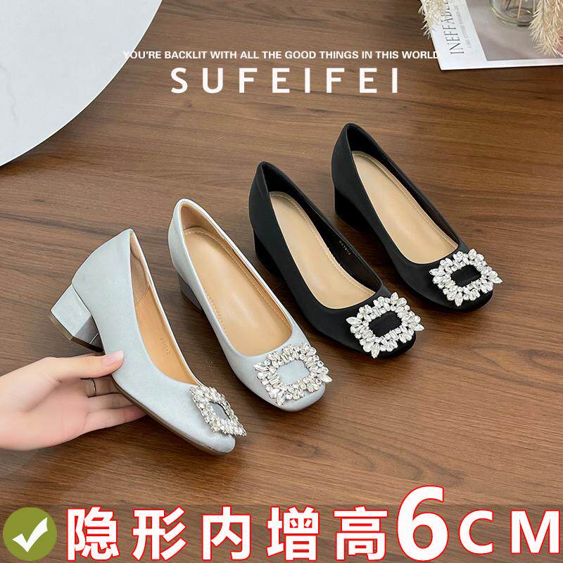 苏妃妃小个子内增高玛丽珍法式水钻方扣单鞋女配裙子绸缎高跟鞋
