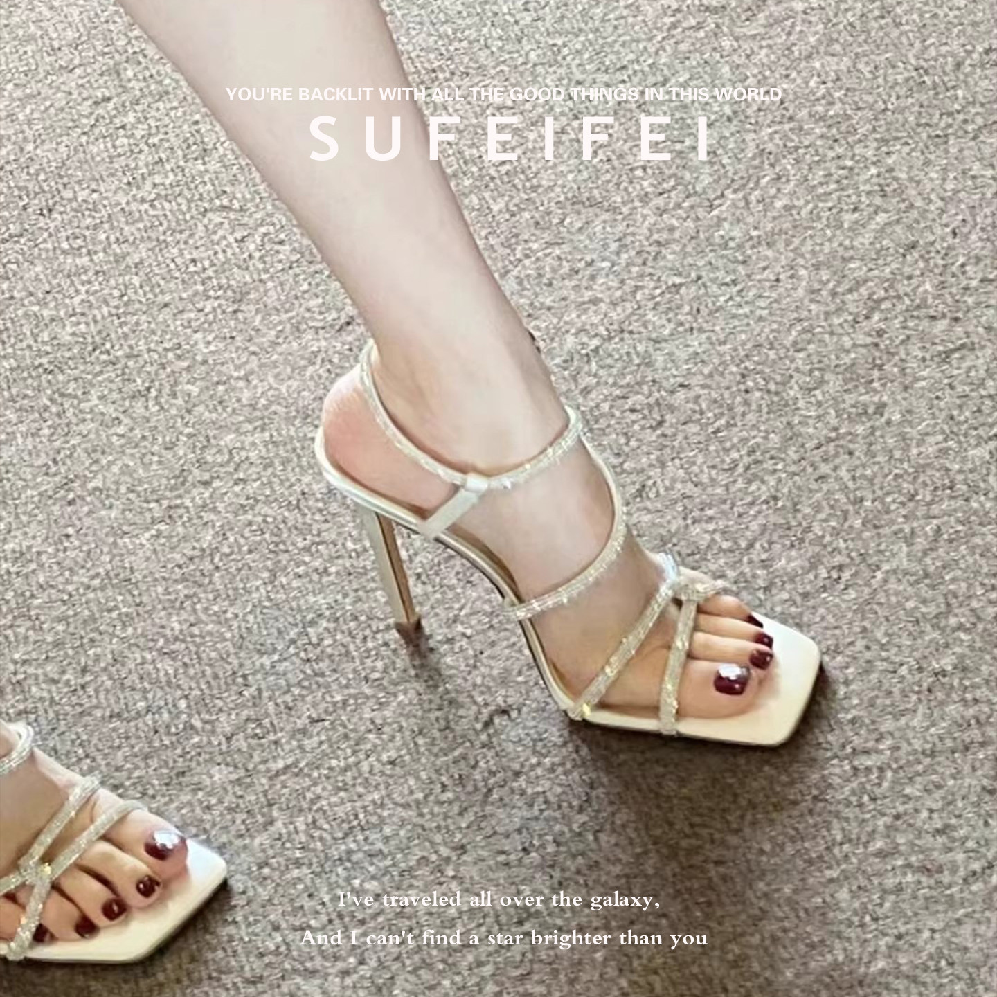 苏妃妃方头交叉露趾一字带配裙子细跟高跟凉鞋女白色水钻罗马鞋