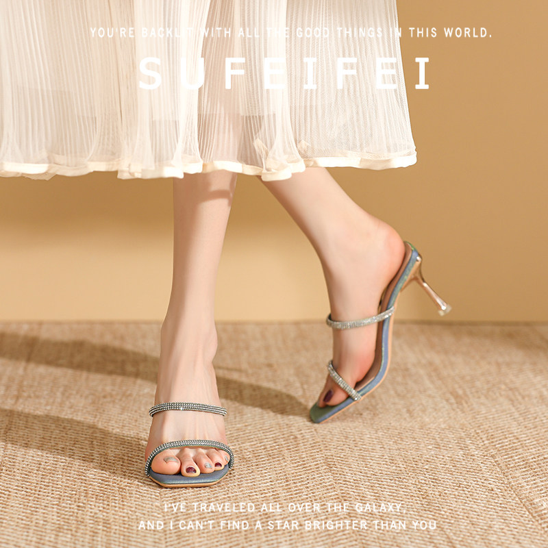 苏妃妃福利款今年新款高跟鞋女细跟气质凉鞋水钻一字带凉拖外穿女