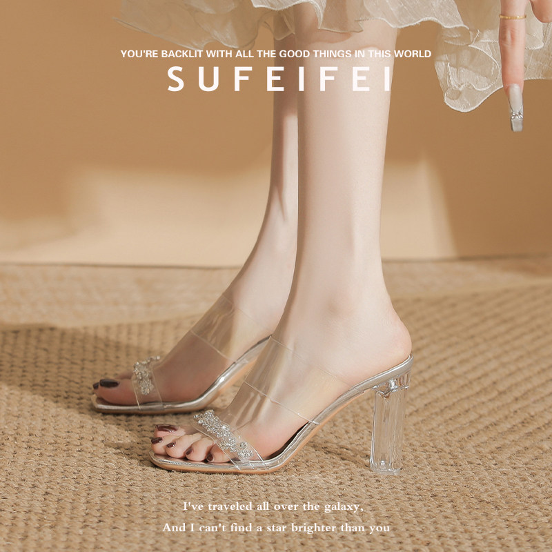 苏妃妃夏季新款高跟鞋女粗跟透明水晶时尚百搭外穿露趾凉拖女鞋