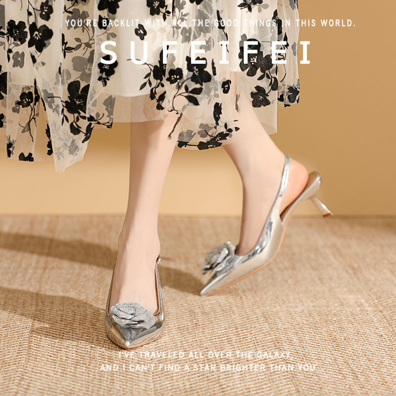 苏妃妃银色尖头包头高跟鞋女细跟仙女鞋夏天季百搭包头后空凉鞋女