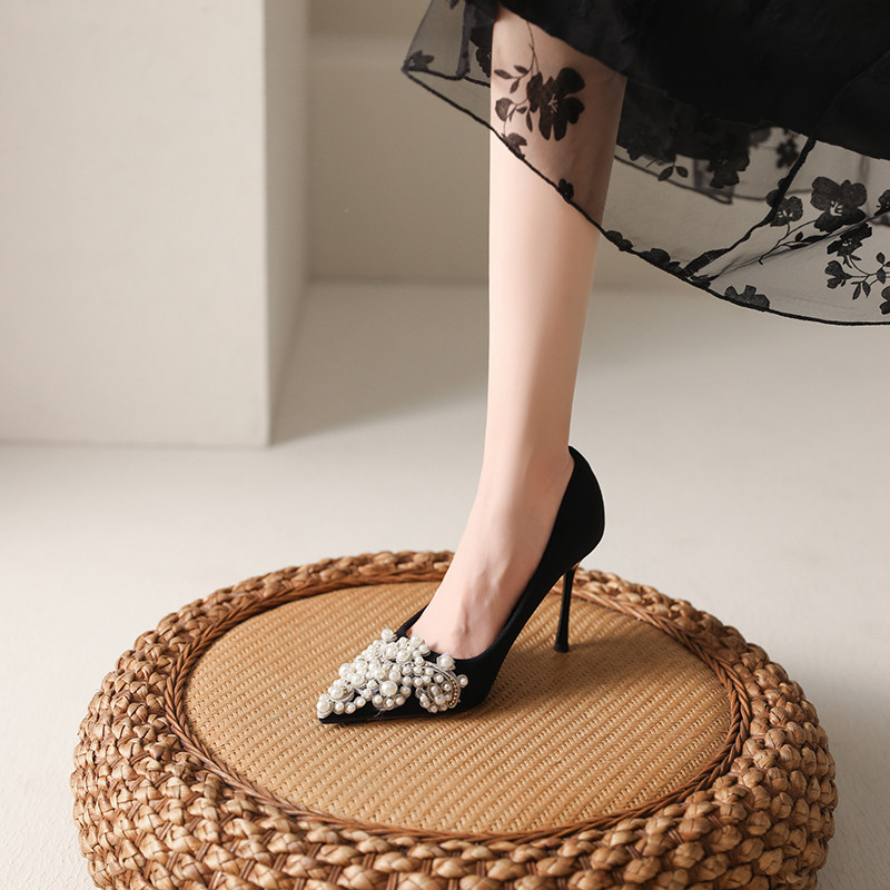 羊皮版~苏妃妃宴会2026年新款名媛珍珠气质高跟鞋女细跟性感尖头