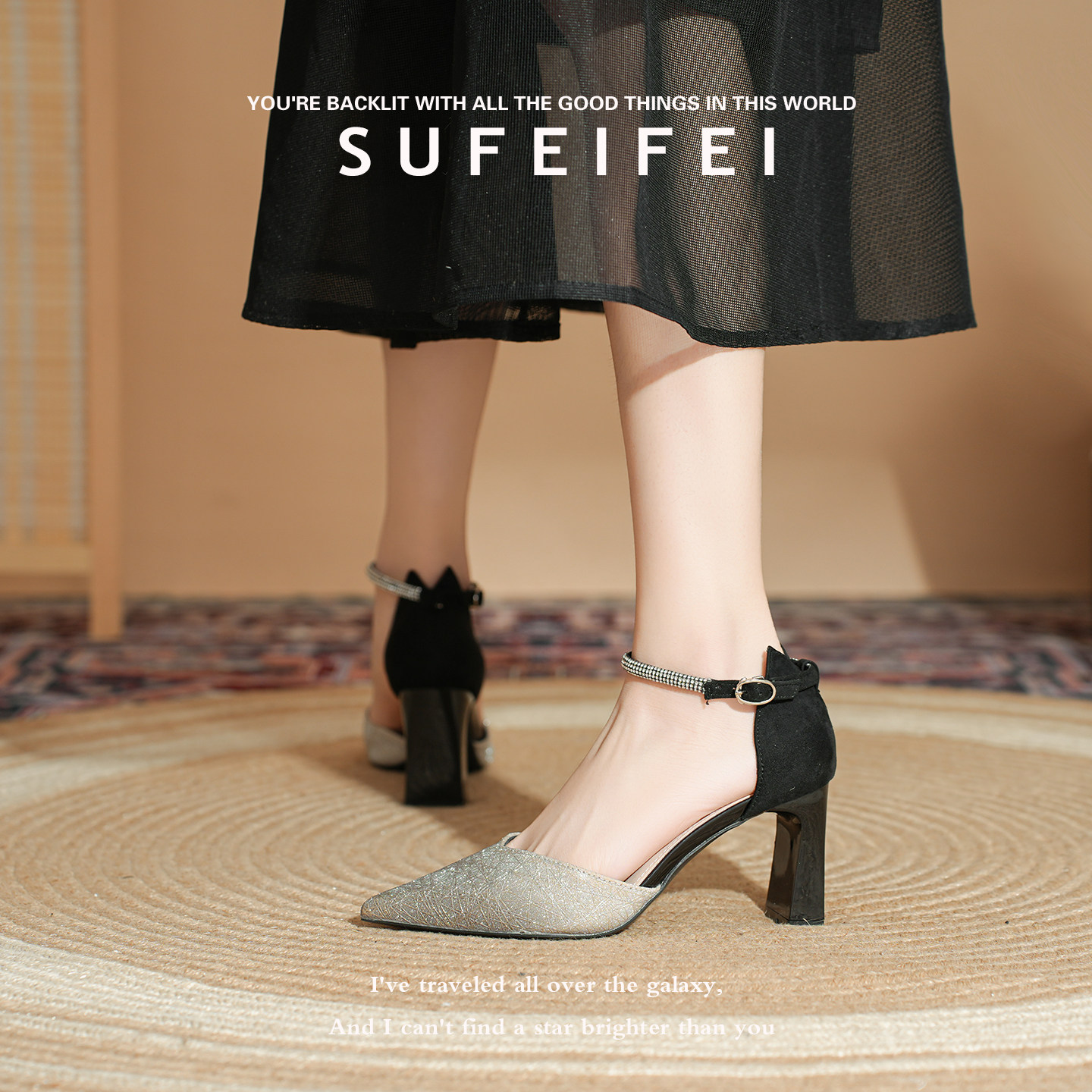 羊皮版~法式风尖头粗跟单鞋女一字扣带水钻气质高级不累脚高跟鞋