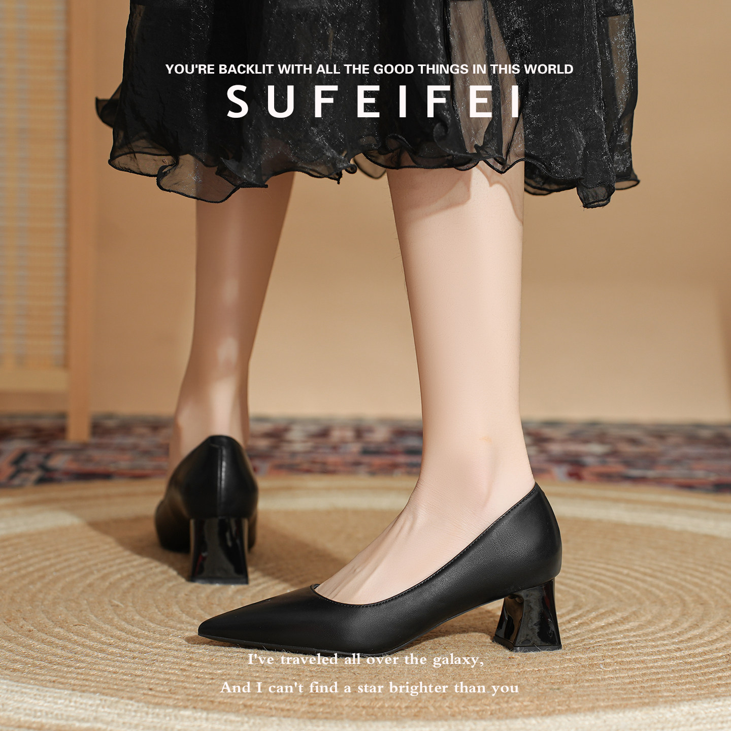 羊皮版~黑色尖头高跟鞋女粗跟5公分2026夏新款不累脚职业浅口单鞋