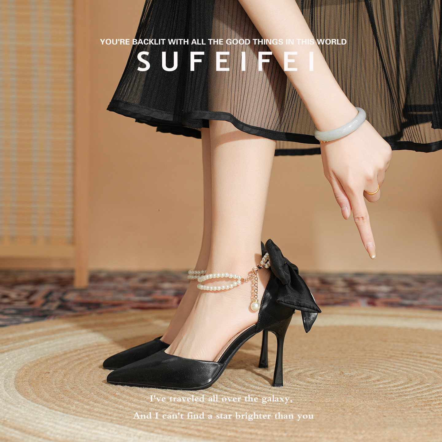 【sufeifei/苏妃妃】法式黑色高跟鞋尖头细跟珍珠蝴蝶结气质单鞋
