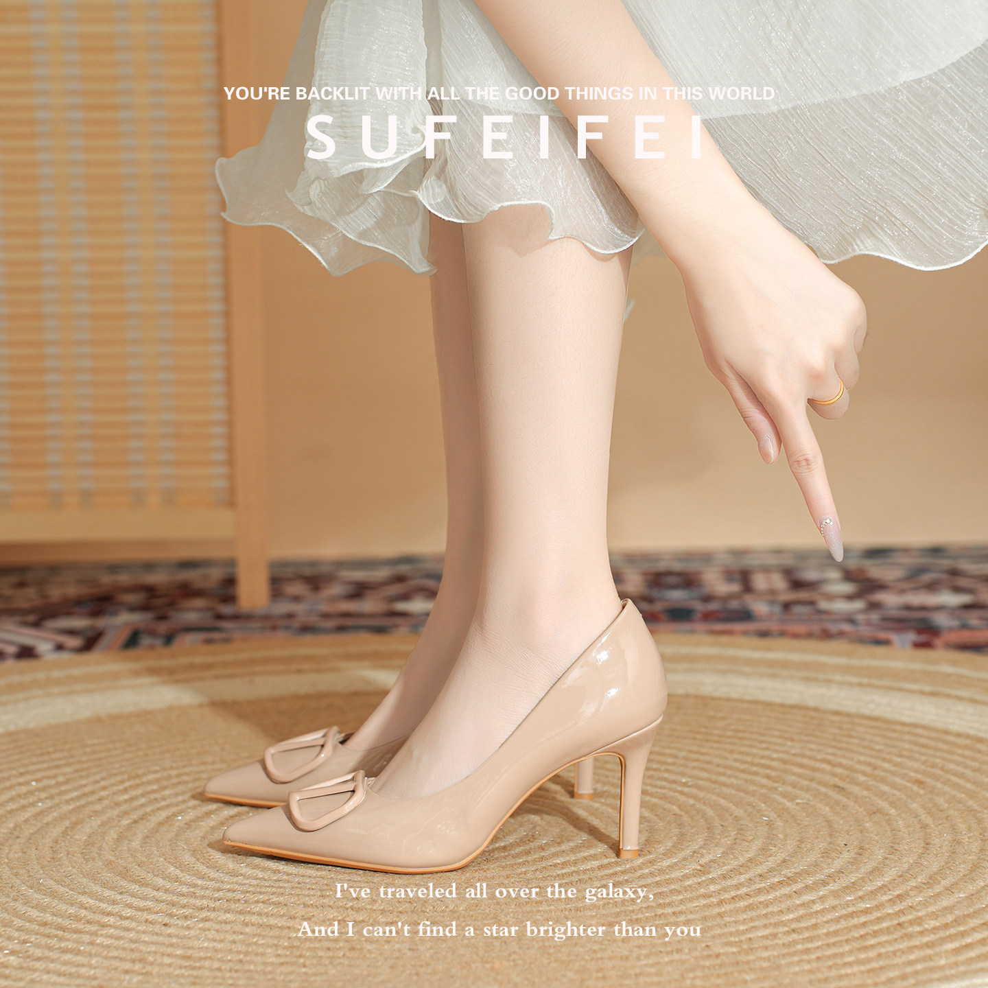 羊皮版~苏妃妃御姐风v扣绝美高跟鞋女气质高级不累脚细跟尖头单鞋