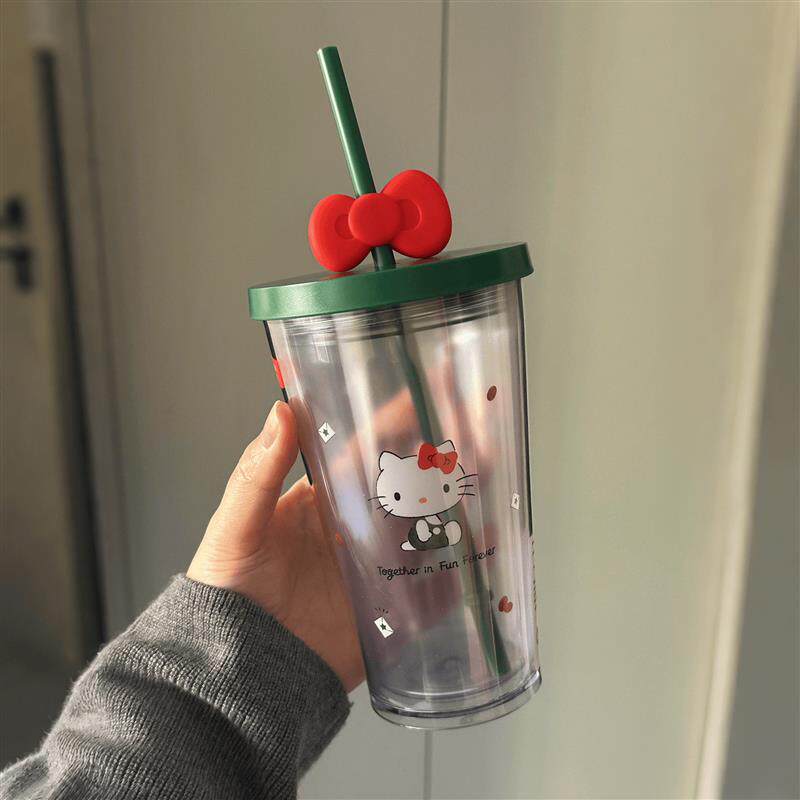 Hellokitty吸管杯联名水杯ins同款凯蒂猫咖啡杯双层加厚冷饮杯子