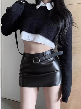 黑色皮短裙女2025秋冬新款低腰显瘦辣妹半身裙时尚百搭pu皮一步裙