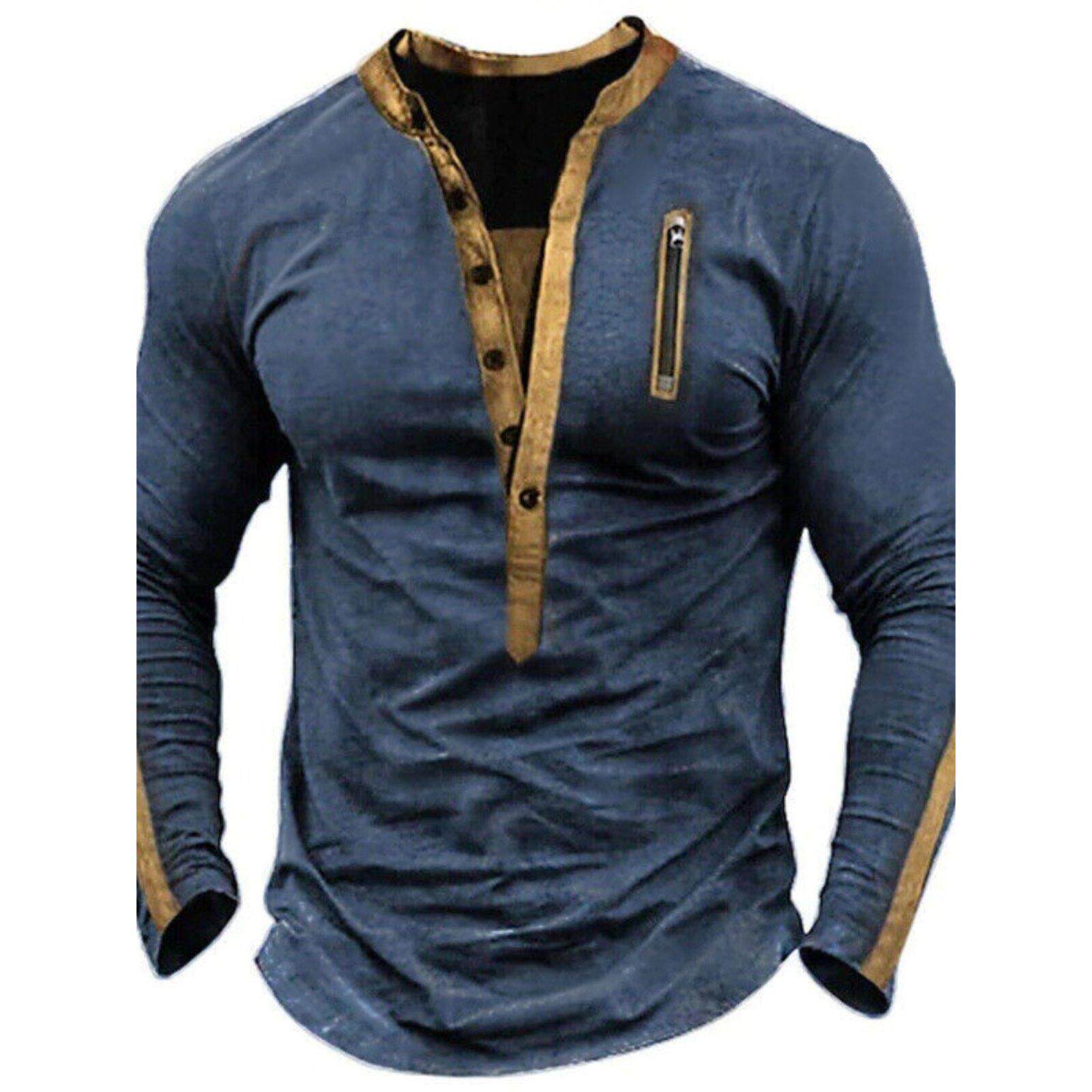 Long-sleeved casual Henry T-shirt覆古纯色长袖休闲亨利衫T恤男