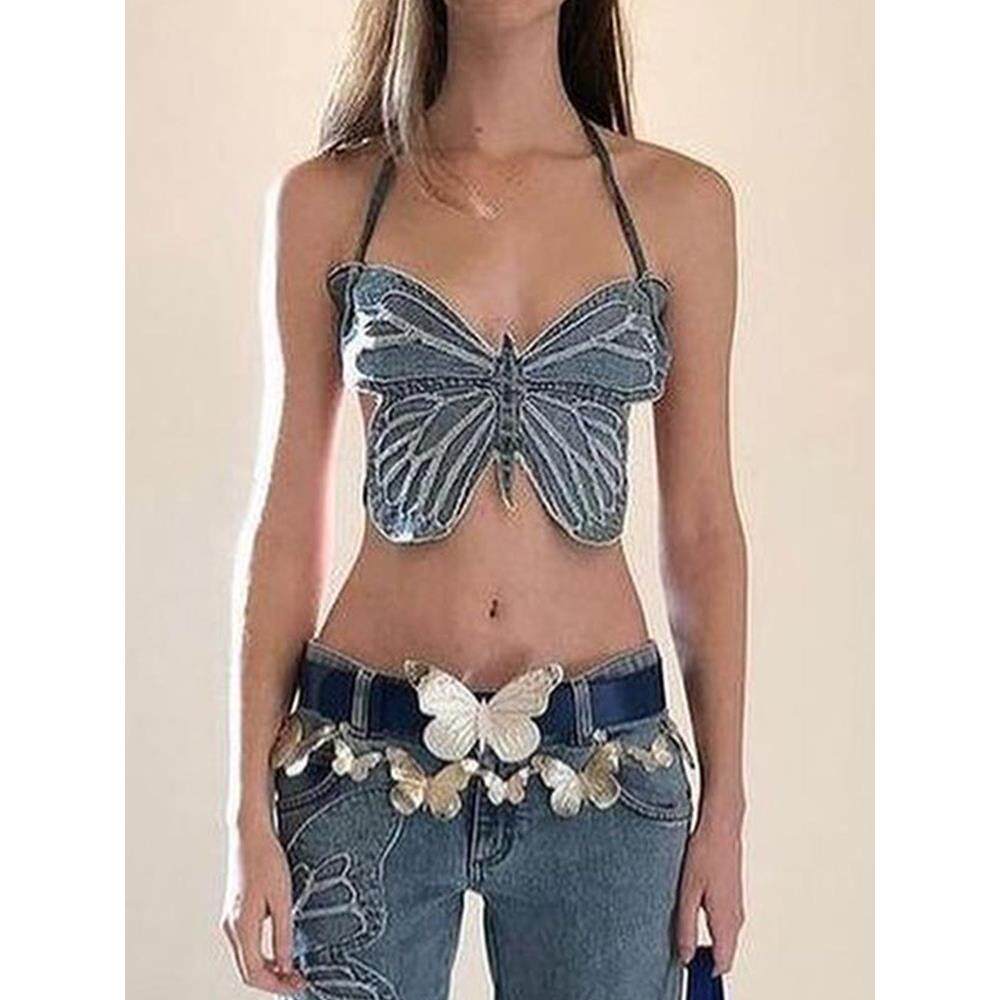 Rapcopter y2k Butterfly Jeans Crop Top Backless Strap Camis