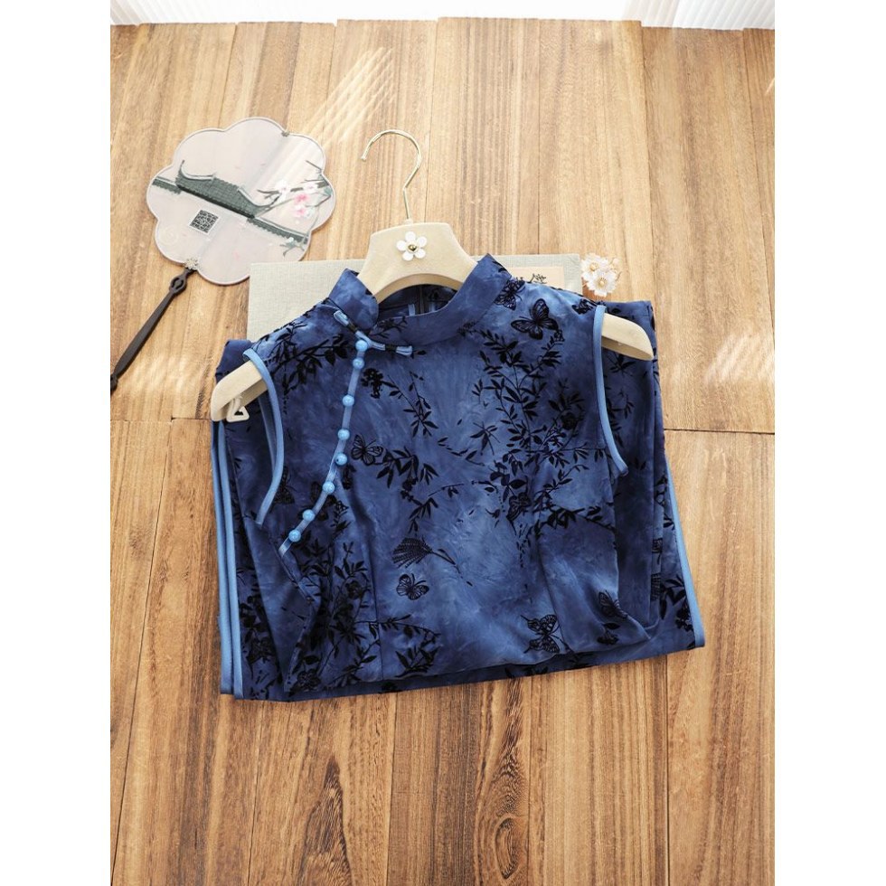 复古改良新中式蓝色无袖旗袍女2025春夏新款国风素雅日常穿连衣裙