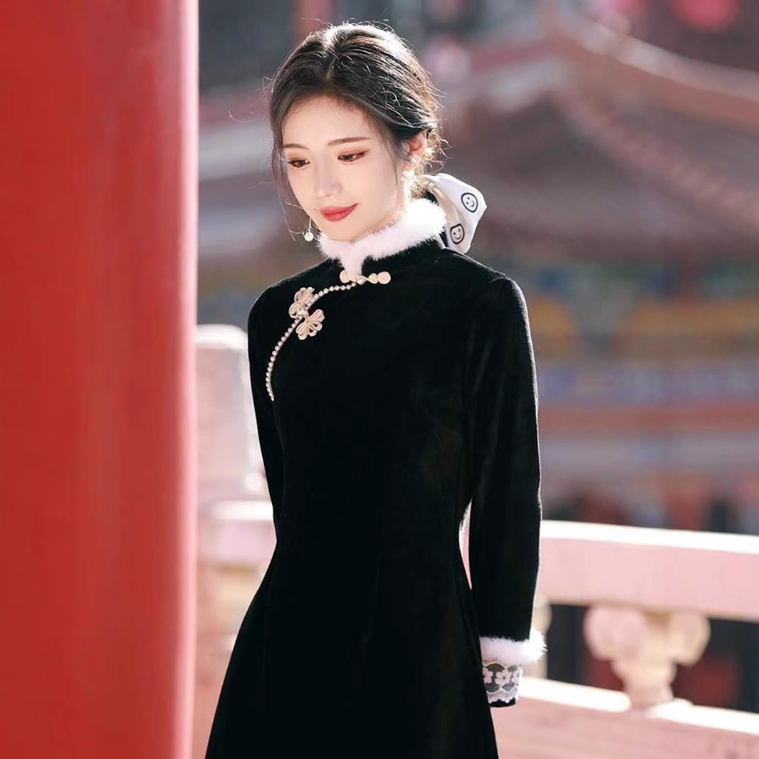 黑色旗袍新款2024秋冬季