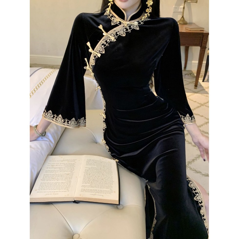黑色连衣裙女秋冬高级感显瘦小黑裙新中式国风倒大袖金边改良旗袍