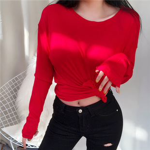 一件代发实拍韩国东大门宽松休闲轻薄舒适显白百搭长袖 T恤上衣女