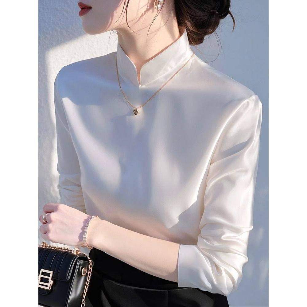 白色醋酸缎面衬衫女2025早春新款新中式国风高端内搭长袖立领上衣